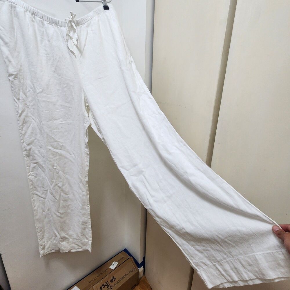 a new day Women's White Linen Blend Drawstring wide Leg Pants XL 32" Inseam nwt - Picture 3 of 8